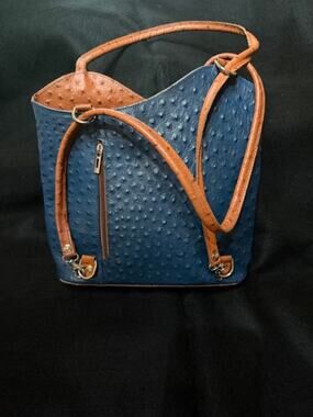 Italian Leather Ostrich Embossed Adjustable Handbag/Backpack Blue/Brown Preppy
